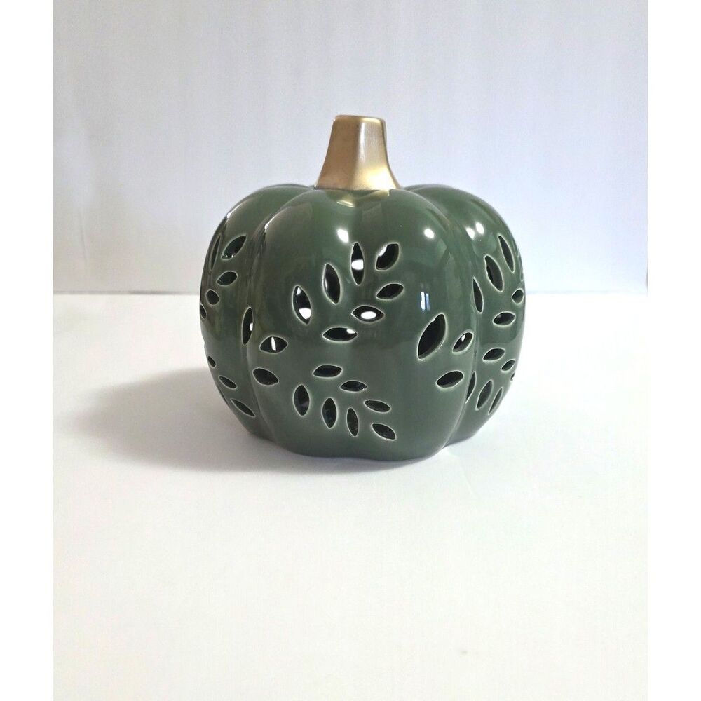 New dark green pierced Ceramic Pumpkin Gold stem Fall & Holiday Décor